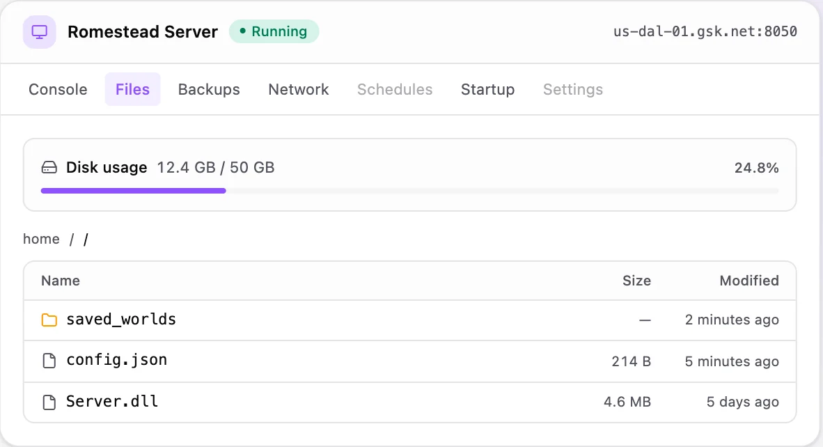 Romestead game panel — full file manager