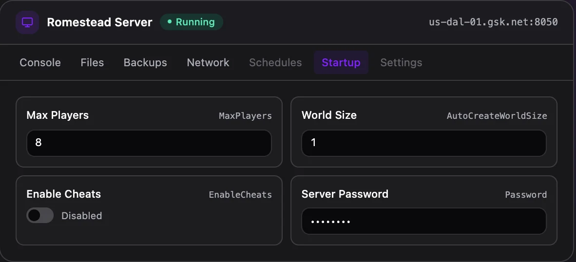 Romestead game panel — startup configuration