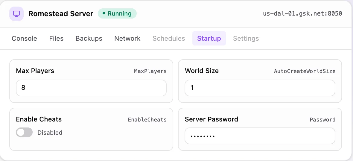 Romestead game panel — startup configuration