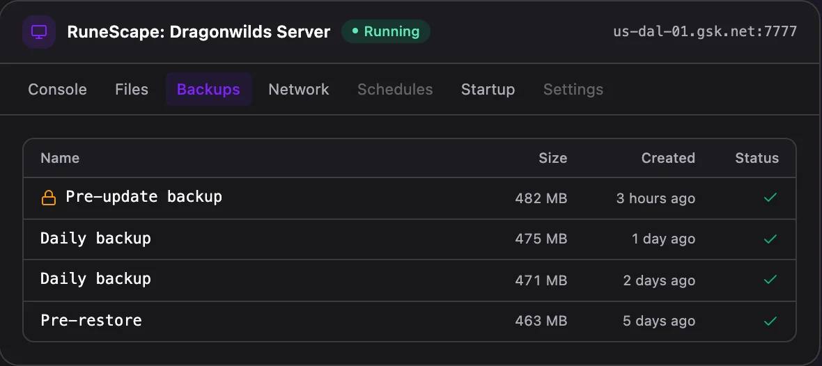 RuneScape: Dragonwilds game panel — automated backups