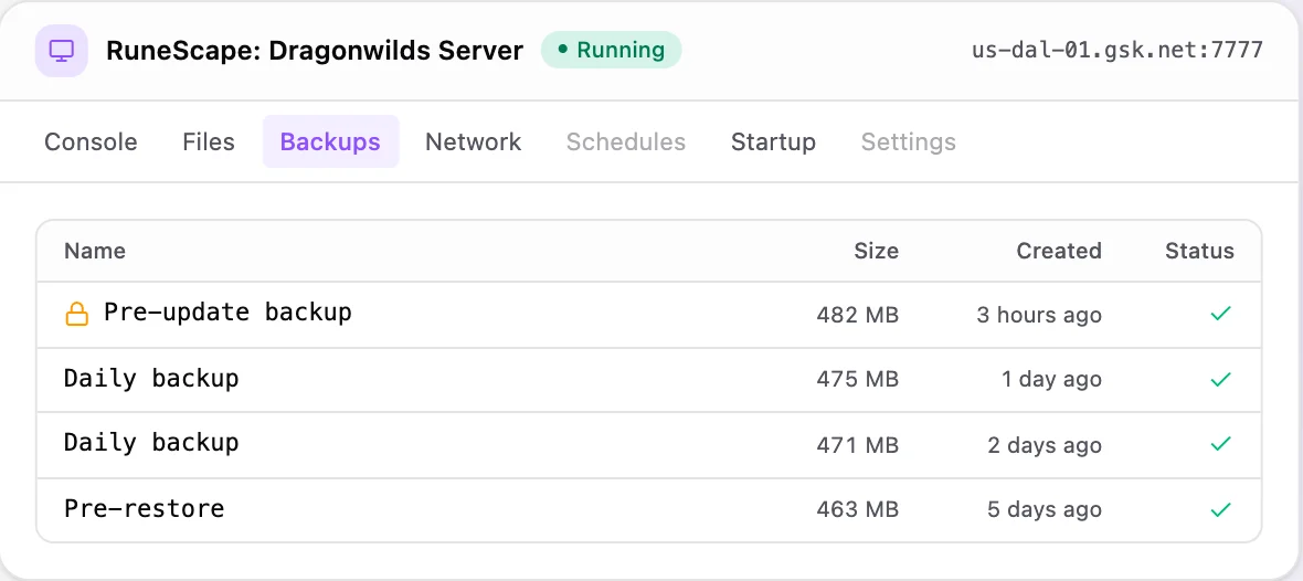 RuneScape: Dragonwilds game panel — automated backups
