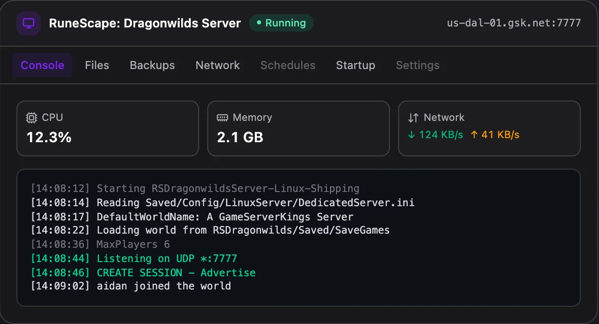 RuneScape: Dragonwilds game panel — live server console