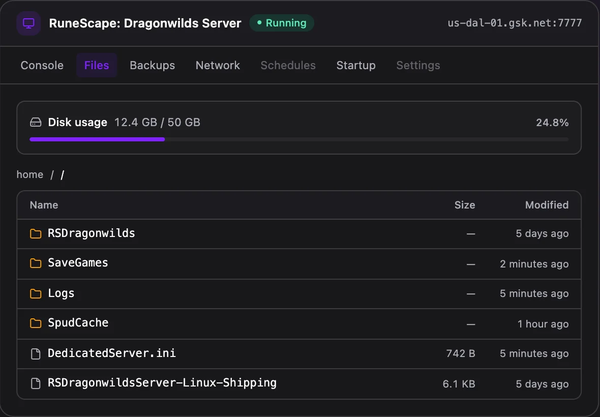 RuneScape: Dragonwilds game panel — full file manager
