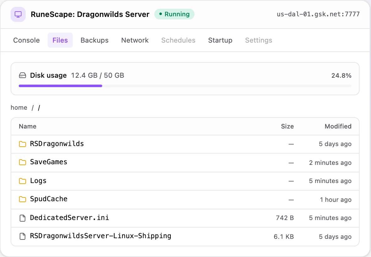 RuneScape: Dragonwilds game panel — full file manager