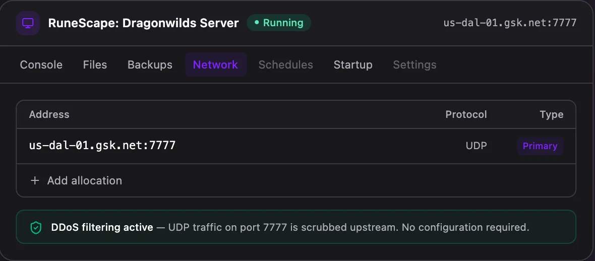 RuneScape: Dragonwilds game panel — network & allocations