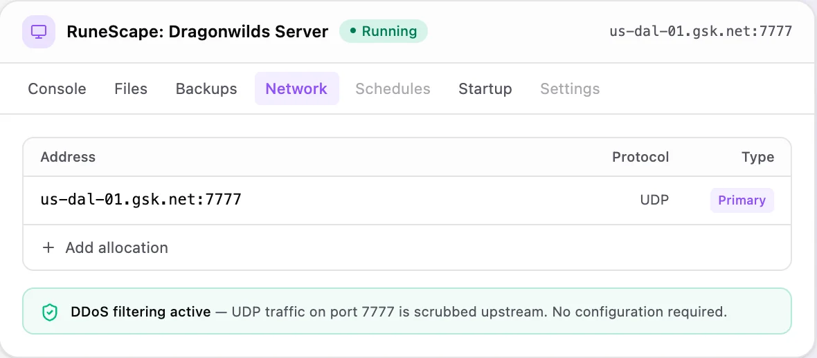 RuneScape: Dragonwilds game panel — network & allocations