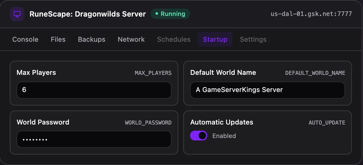 RuneScape: Dragonwilds game panel — startup configuration