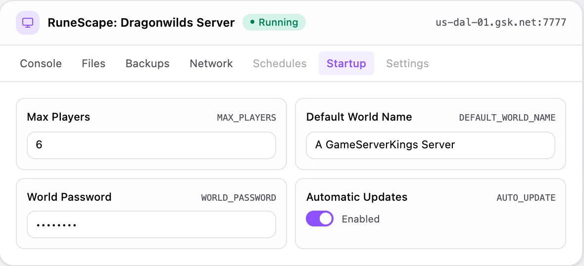 RuneScape: Dragonwilds game panel — startup configuration