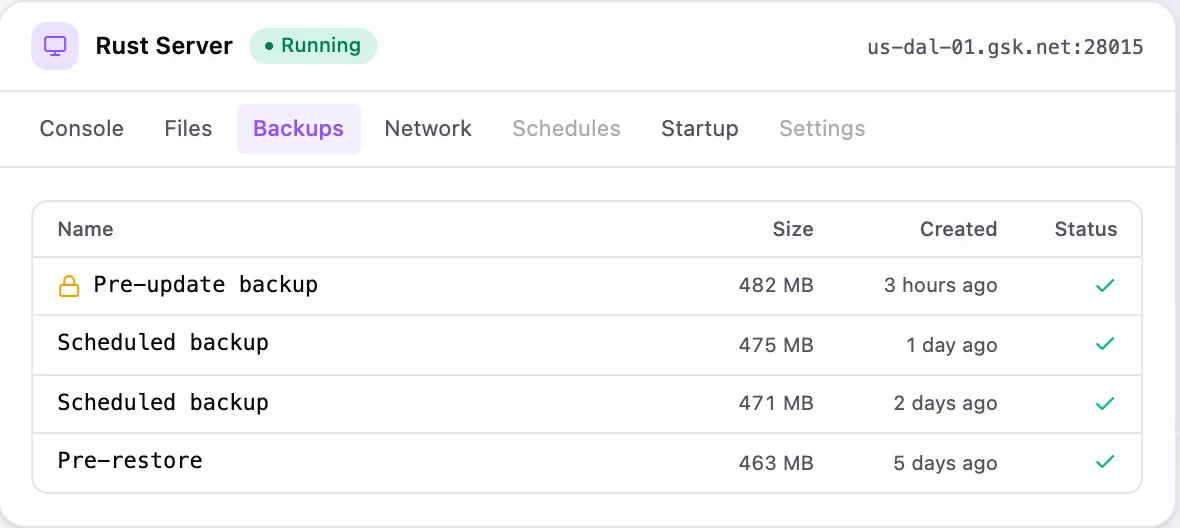 Rust game panel — one-click backups