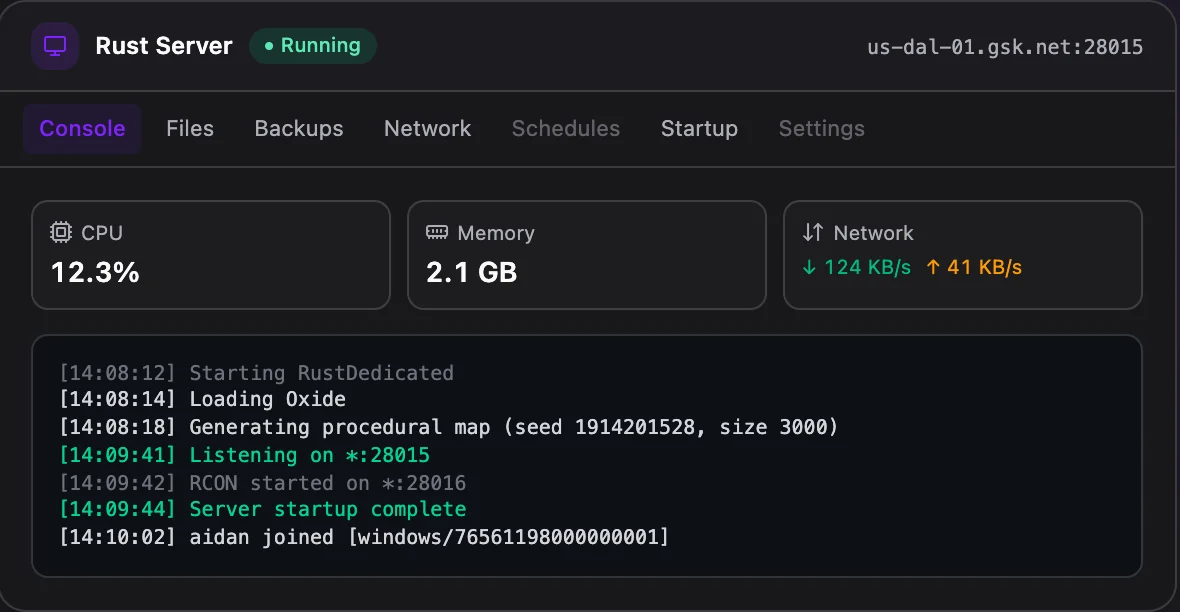 Rust game panel — live server console