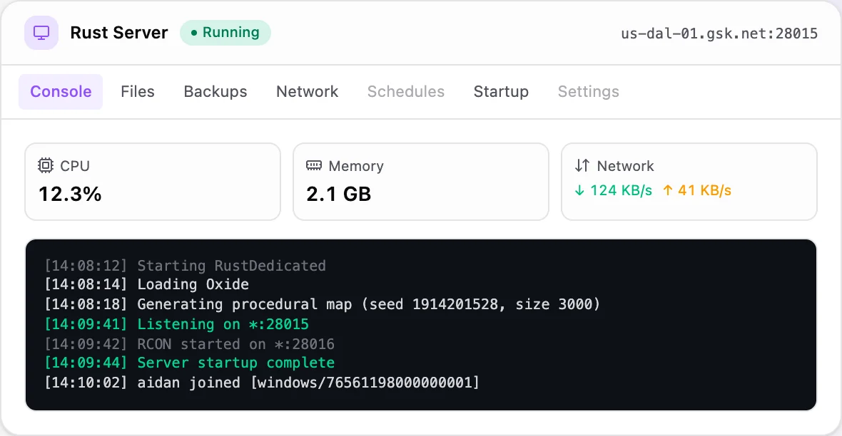 Rust game panel — live server console