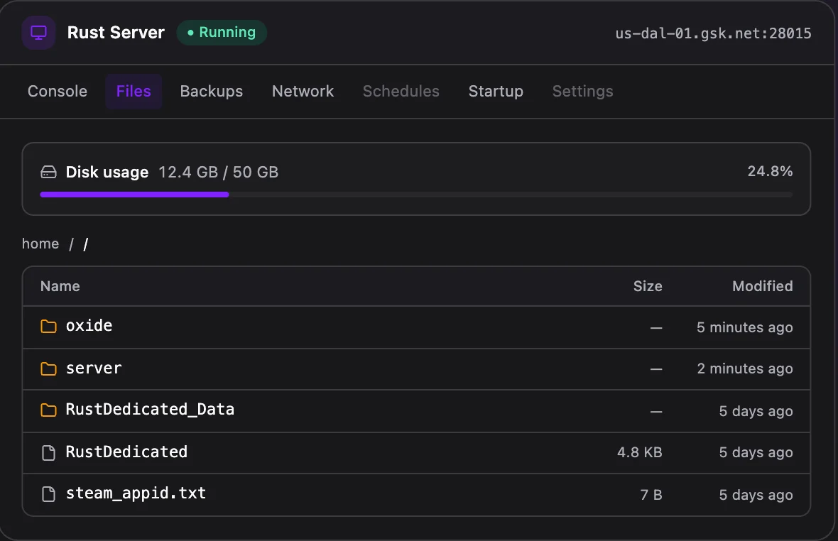 Rust game panel — full file manager