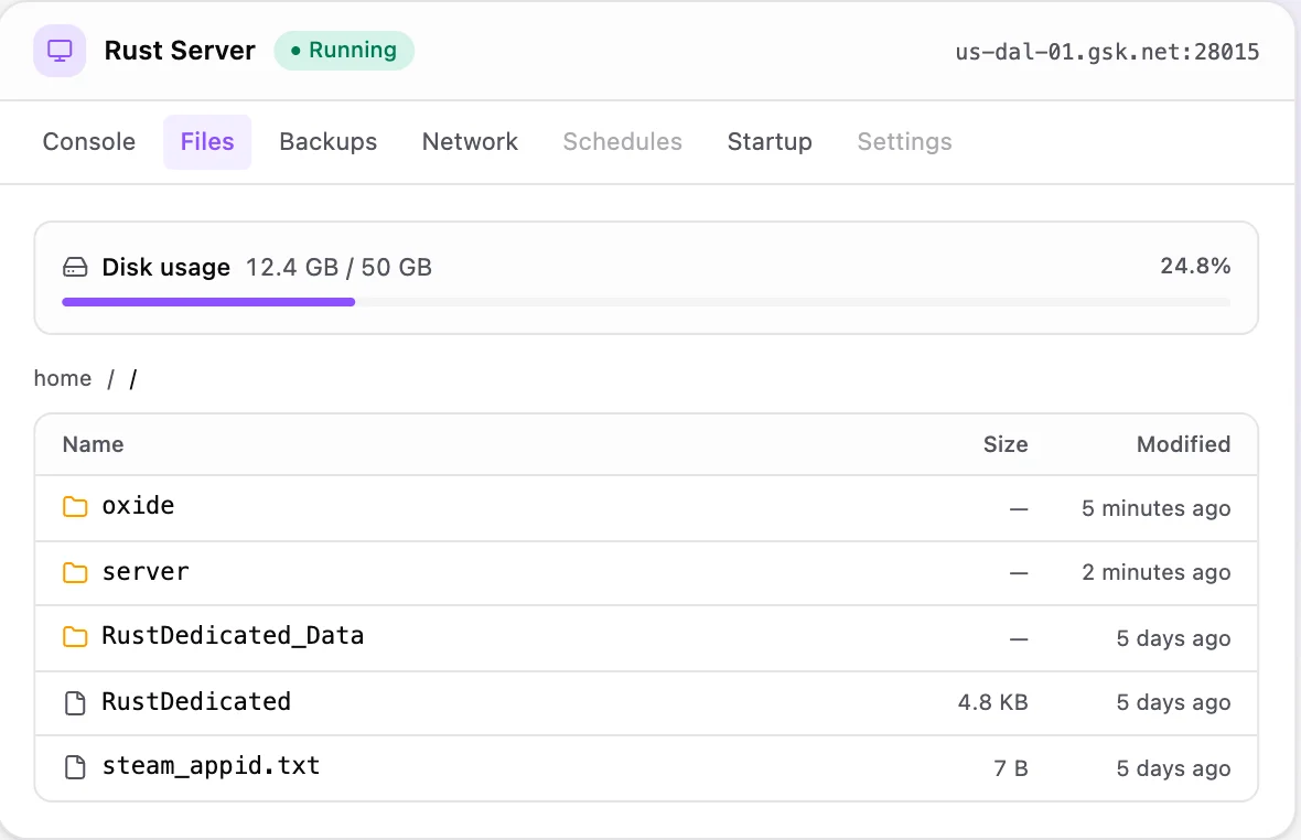 Rust game panel — full file manager