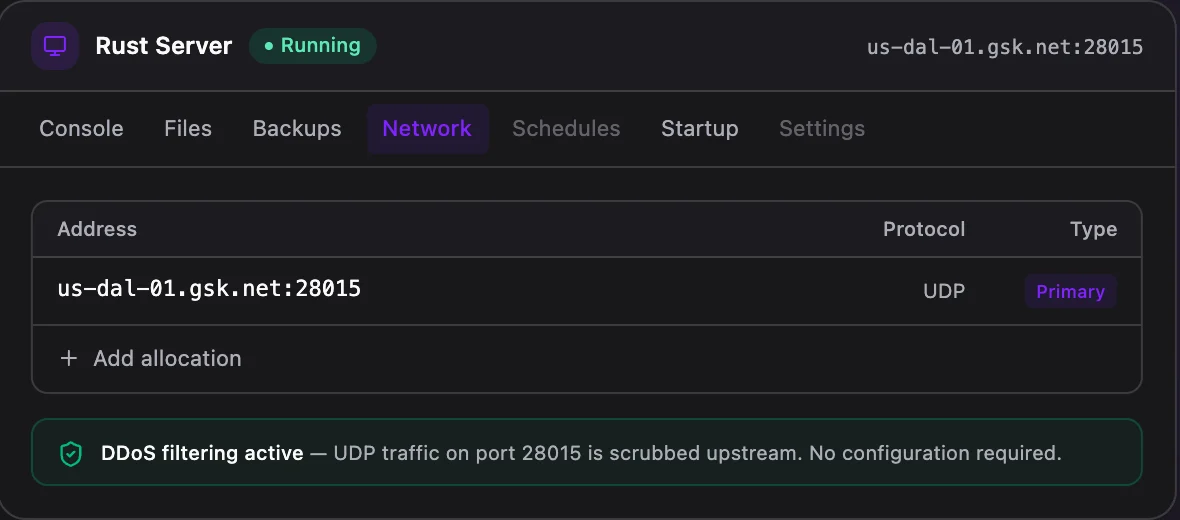 Rust game panel — network & allocations