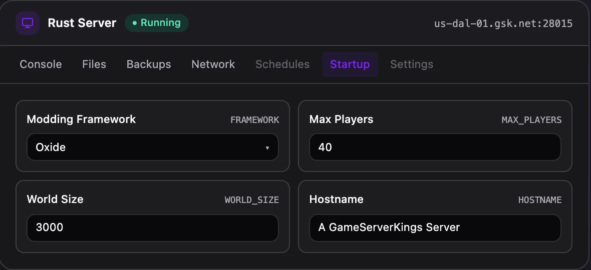 Rust game panel — startup configuration