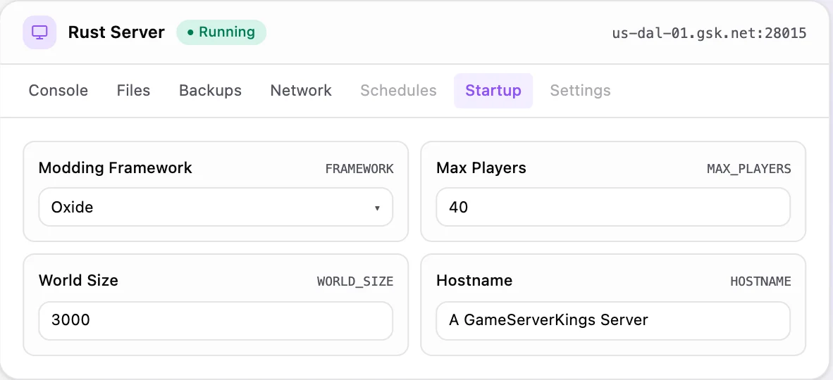 Rust game panel — startup configuration