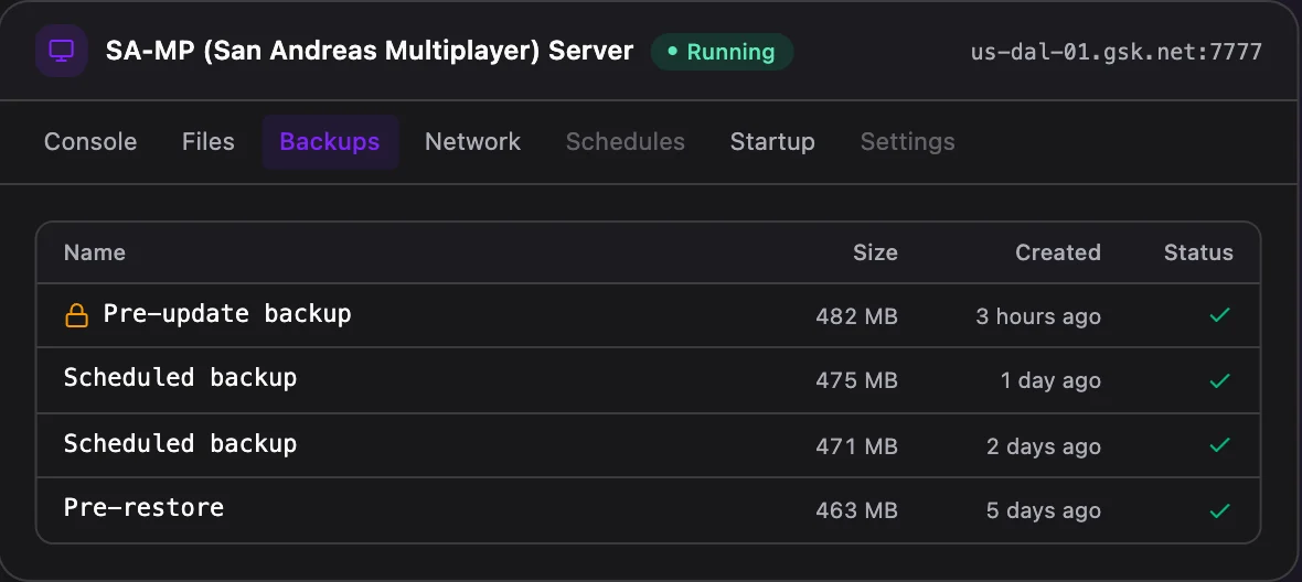 SA-MP game panel — one-click backups