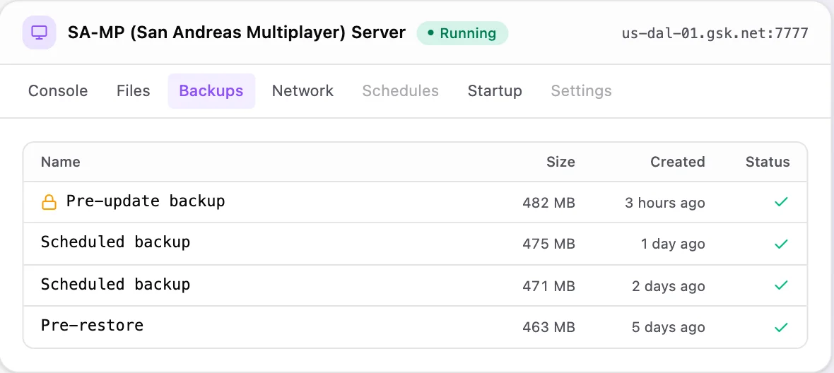 SA-MP game panel — one-click backups
