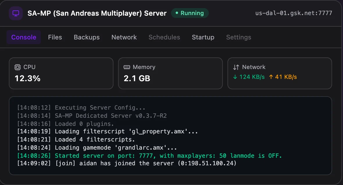 SA-MP game panel — live server console