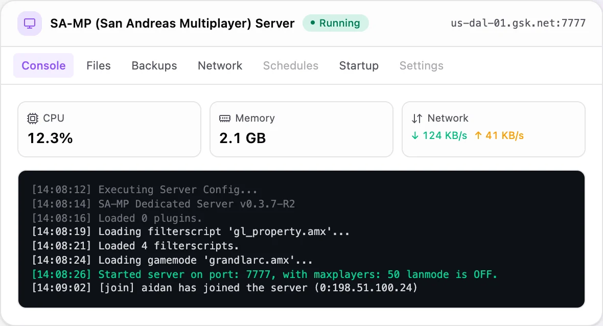 SA-MP game panel — live server console