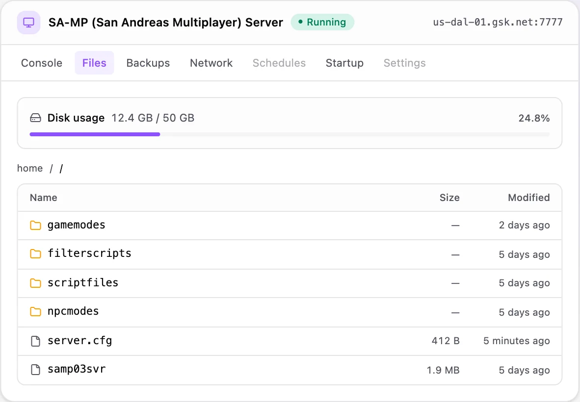 SA-MP game panel — full file manager