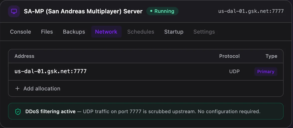 SA-MP game panel — network & allocations