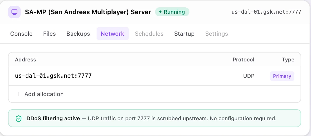 SA-MP game panel — network & allocations