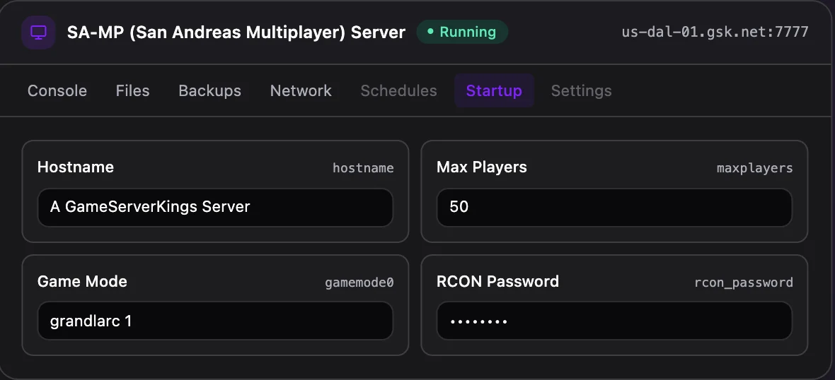 SA-MP game panel — startup configuration