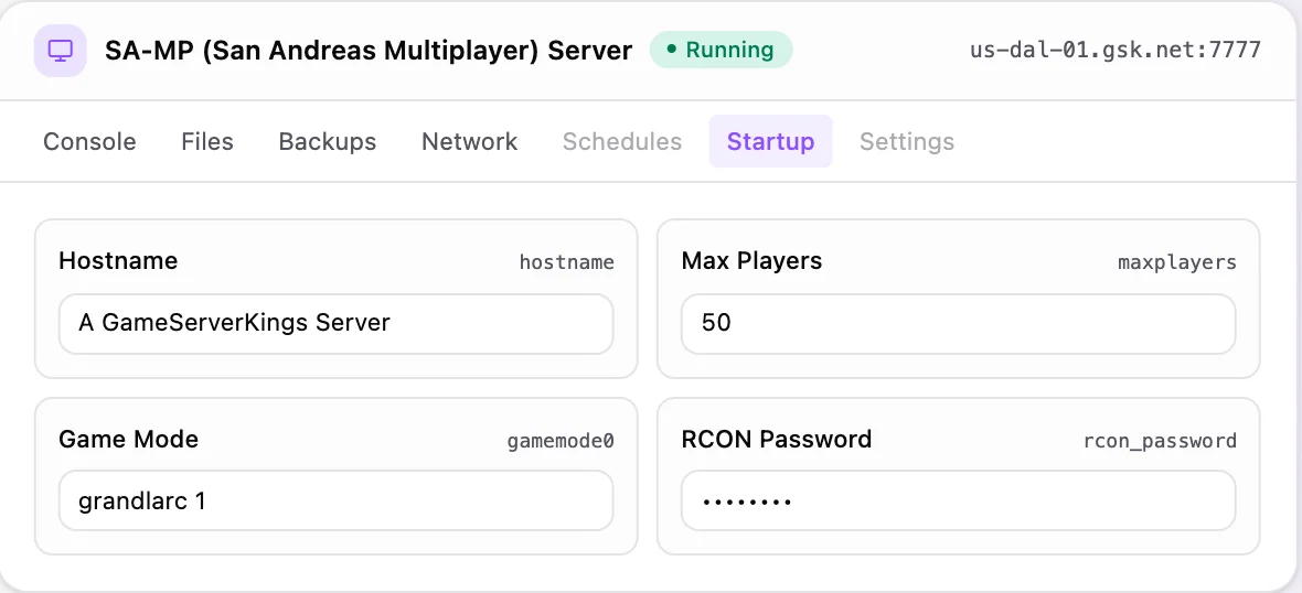 SA-MP game panel — startup configuration