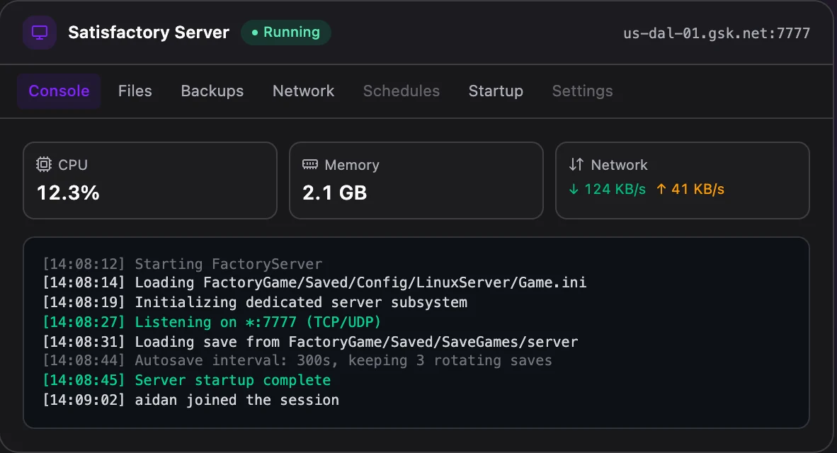 Satisfactory game panel — live server console