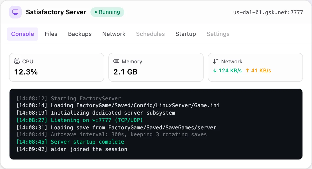 Satisfactory game panel — live server console