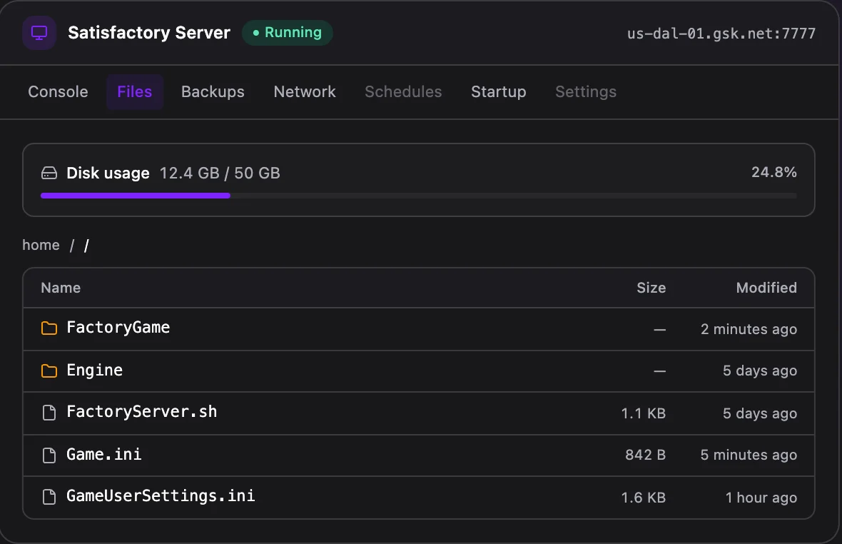 Satisfactory game panel — full file manager