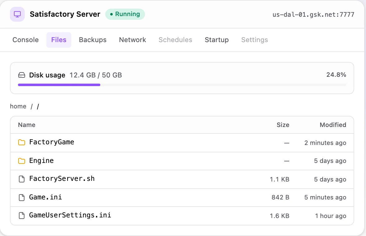 Satisfactory game panel — full file manager