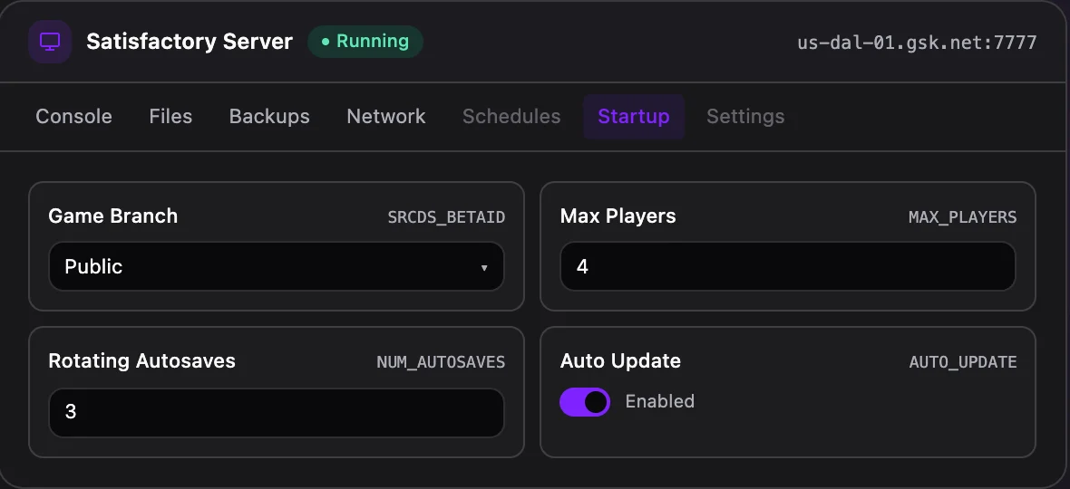 Satisfactory game panel — startup configuration
