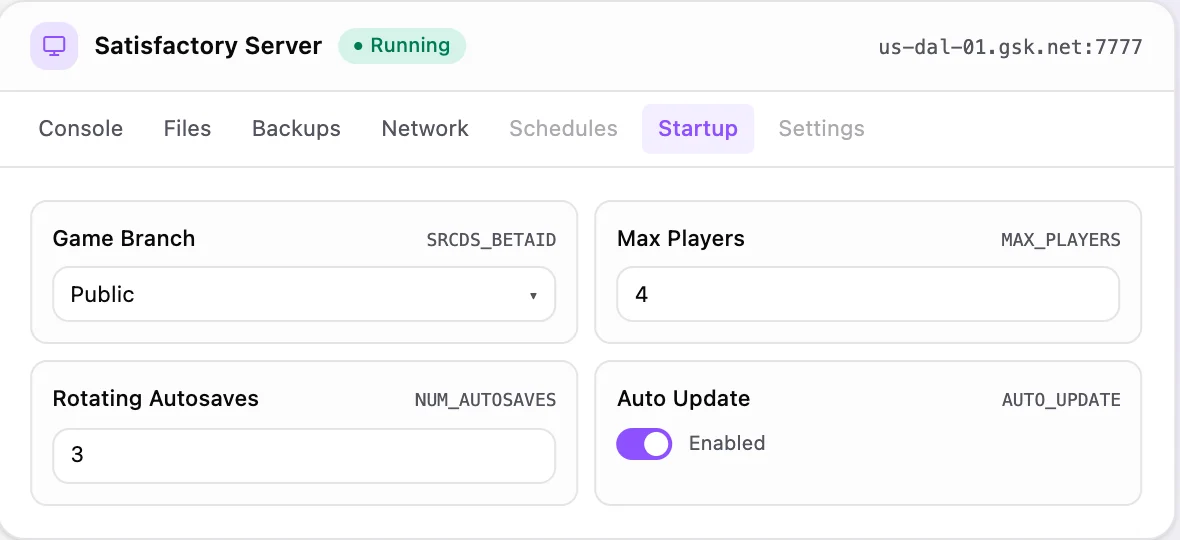 Satisfactory game panel — startup configuration