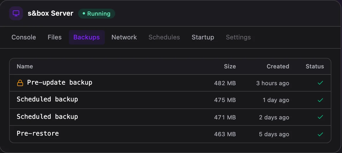 s&box game panel — one-click backups
