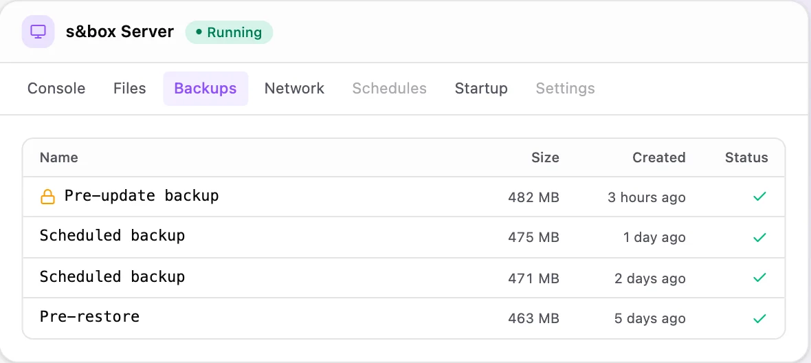 s&box game panel — one-click backups