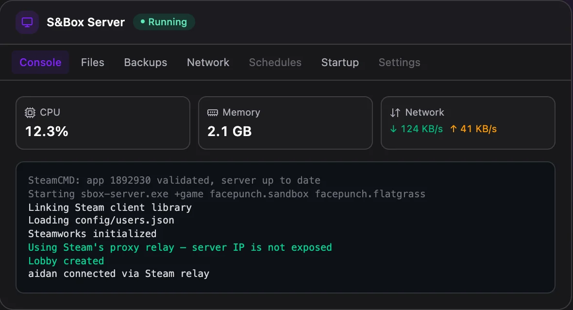 s&box game panel — live server console