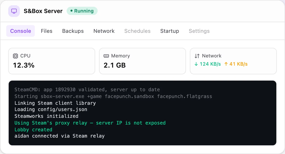 s&box game panel — live server console