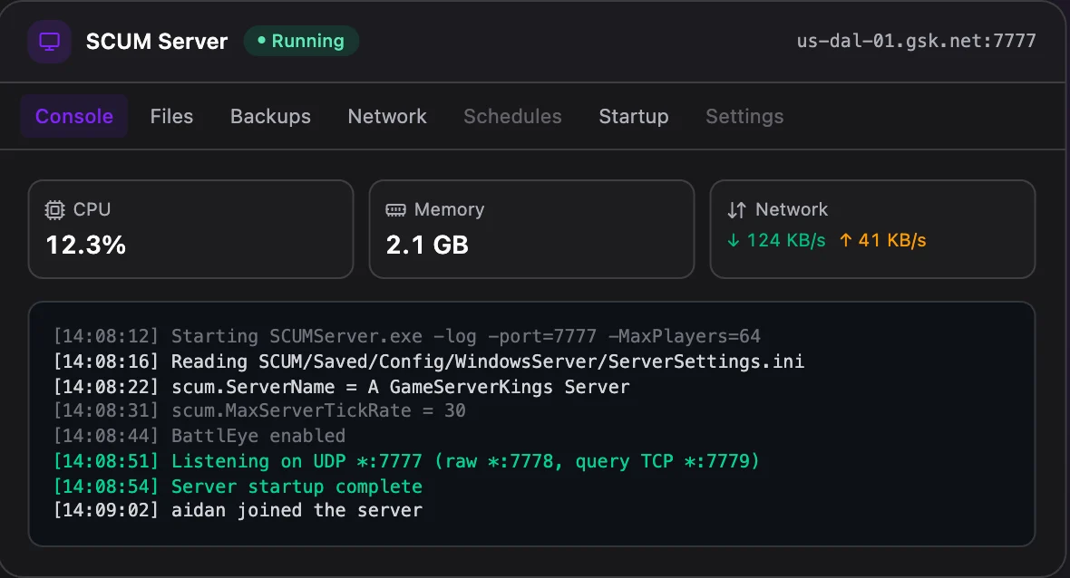 SCUM game panel — live server console