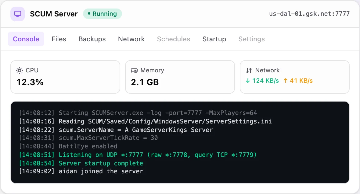 SCUM game panel — live server console