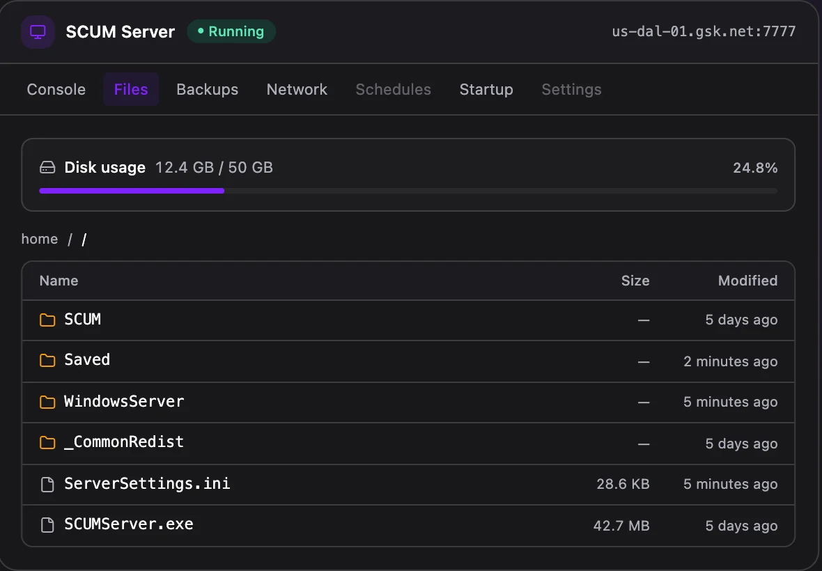 SCUM game panel — full file manager