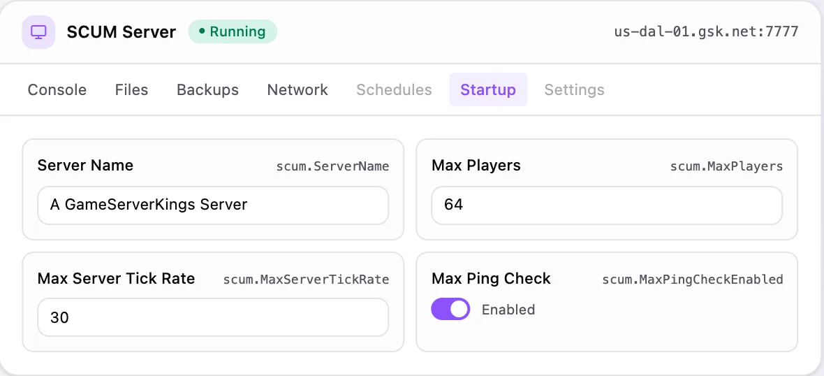 SCUM game panel — startup configuration