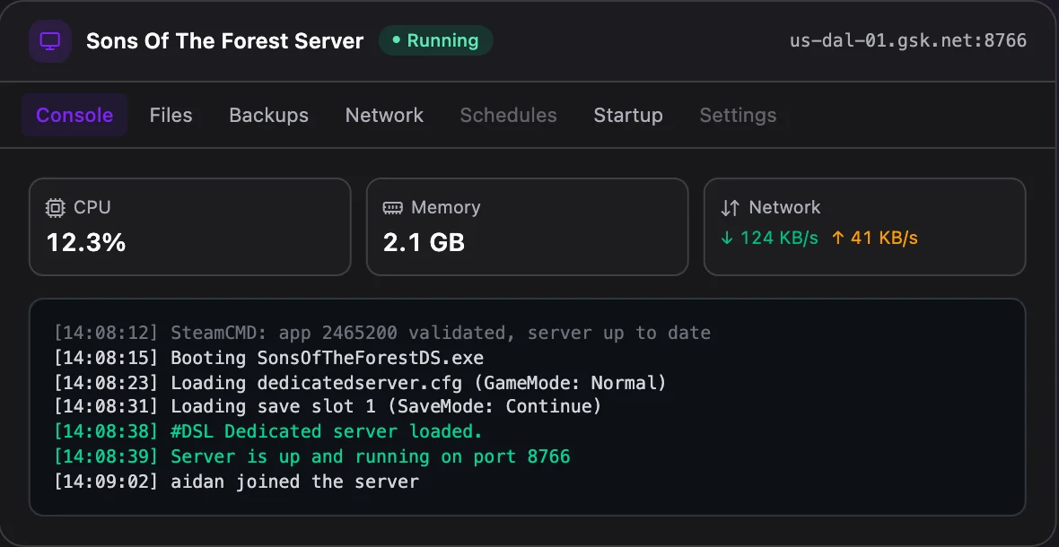 Sons Of The Forest game panel — live server console
