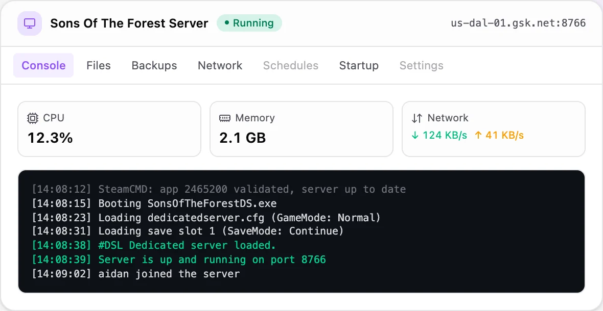 Sons Of The Forest game panel — live server console