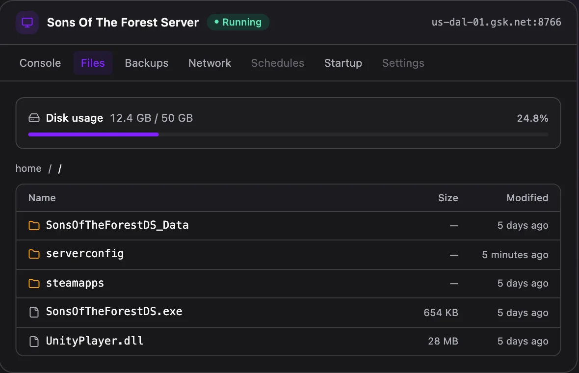 Sons Of The Forest game panel — full file manager