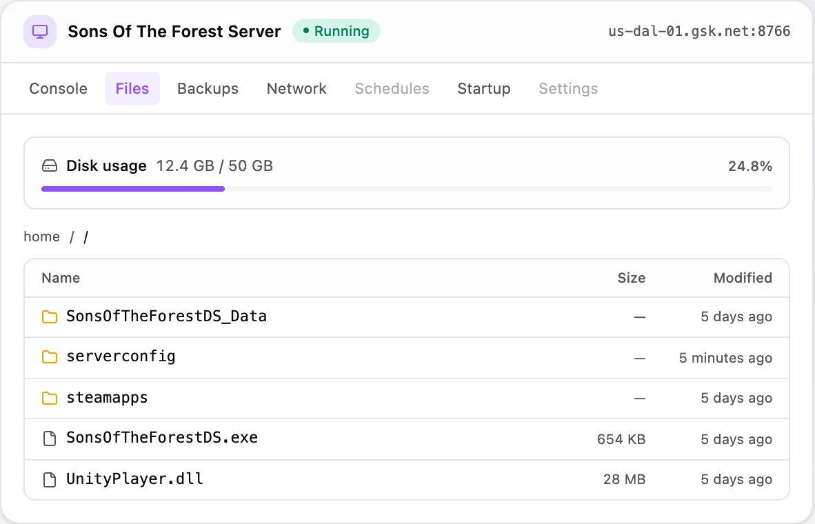 Sons Of The Forest game panel — full file manager