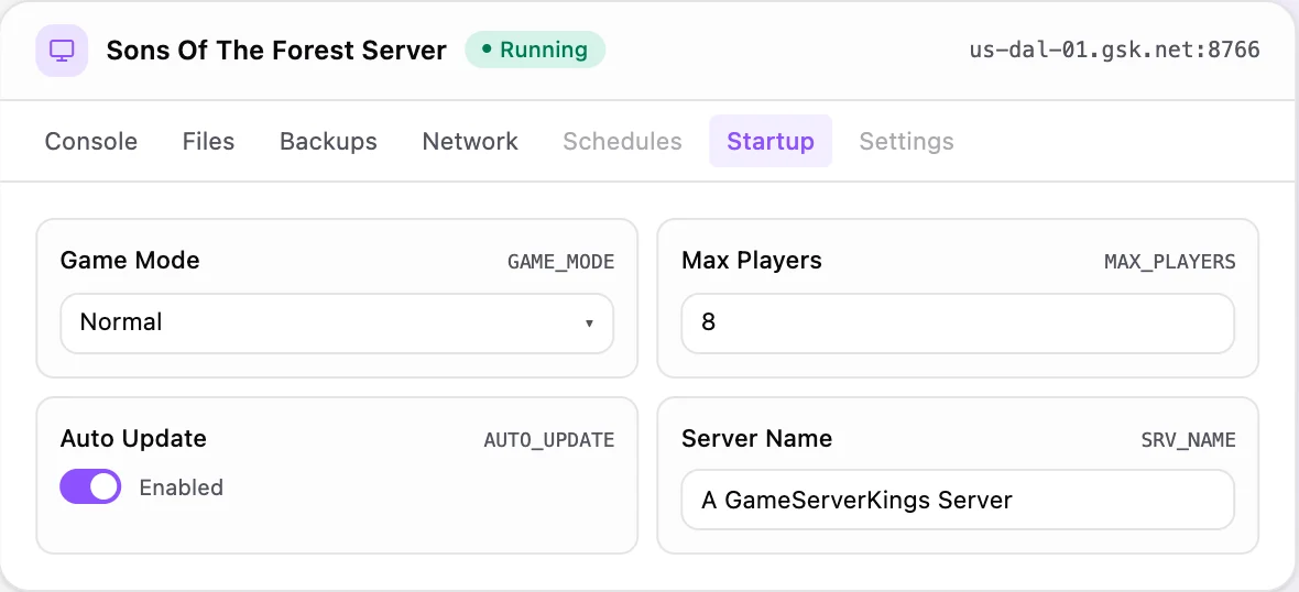 Sons Of The Forest game panel — startup configuration