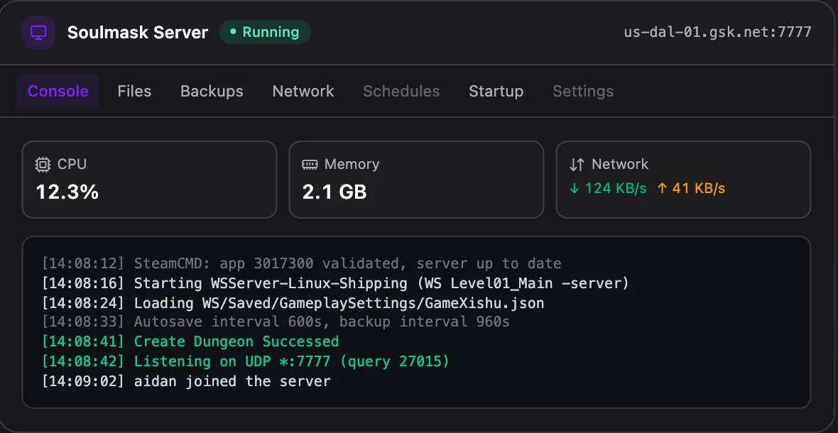 Soulmask game panel — live server console