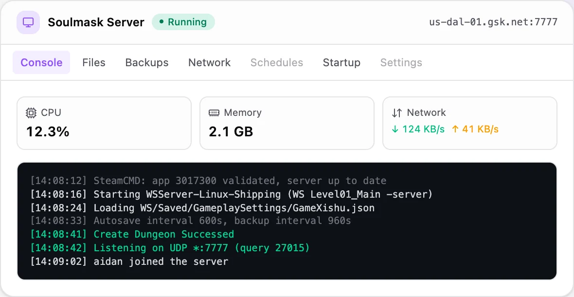 Soulmask game panel — live server console